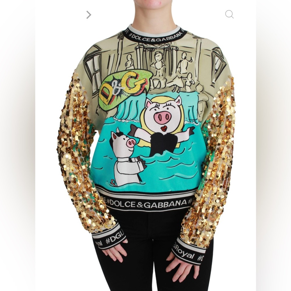 DOLCE & GABBANA Woman’s Year of the Pig Sequined-Sleeves Sweater Multicolored 46
